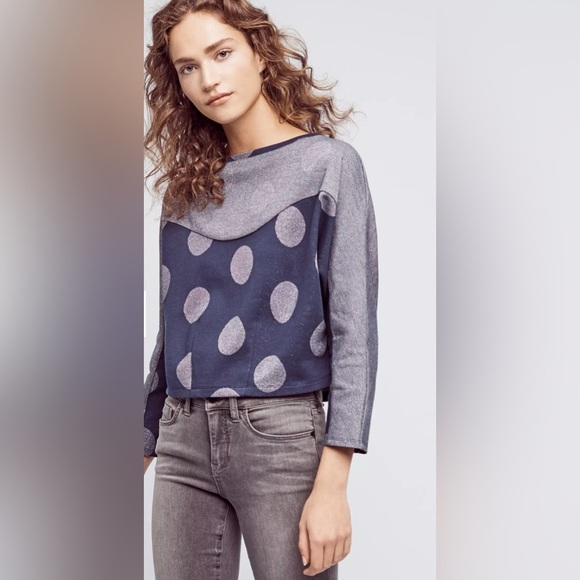 Anthropologie POSTMARK Navy & Silver METALLIC DOT SWEATSHIRT Crop Top Sz M - Picture 1 of 4